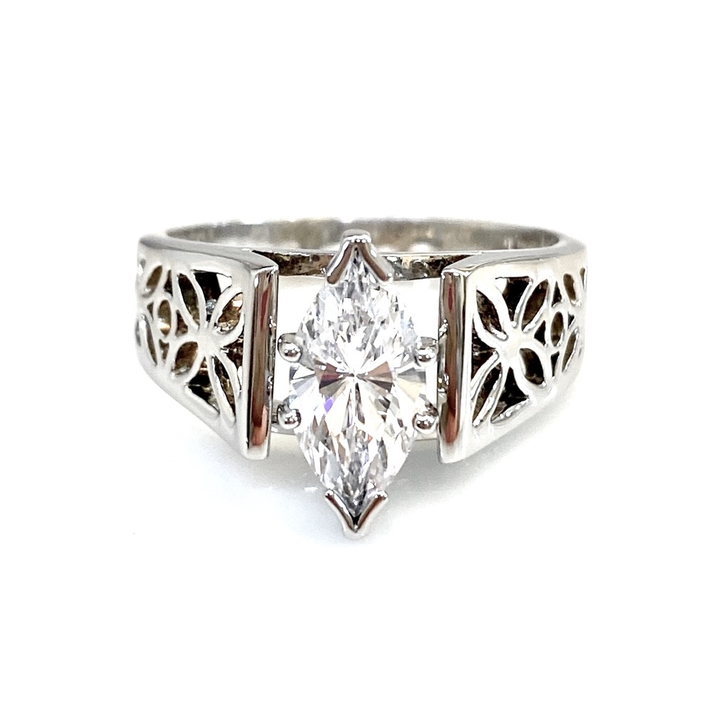 Marquis Cut Cubic Zirconia Diamond 925 Sterling Silver Filigree Ring size 10